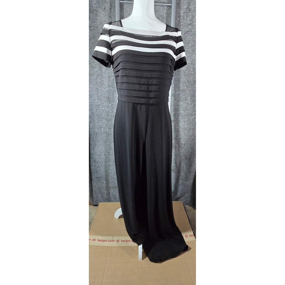Adrianna Papell Womens Black White Striped Tiered Mesh Wide Leg Jumpsuit 10